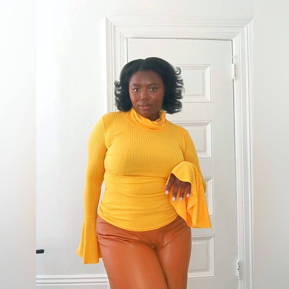 Mellow Yellow Bell Sleeve Mock Neck Ribbed Long Sleeve Statement Top